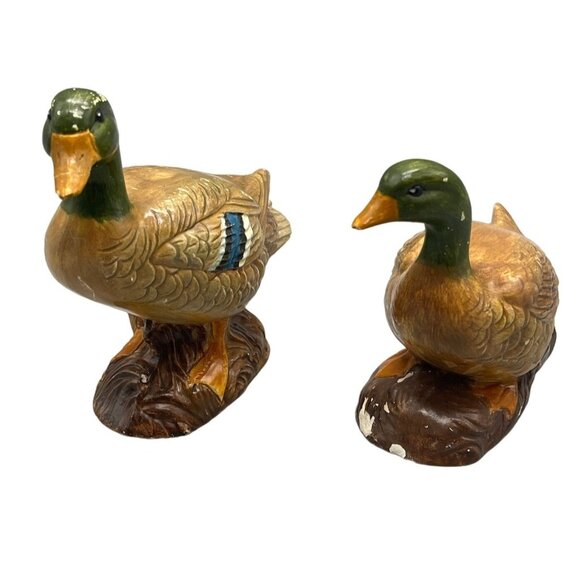 set of 2 Ceramic Duck figurines browns orange green 5.5" long 5" tall READ - Picture 1 of 5